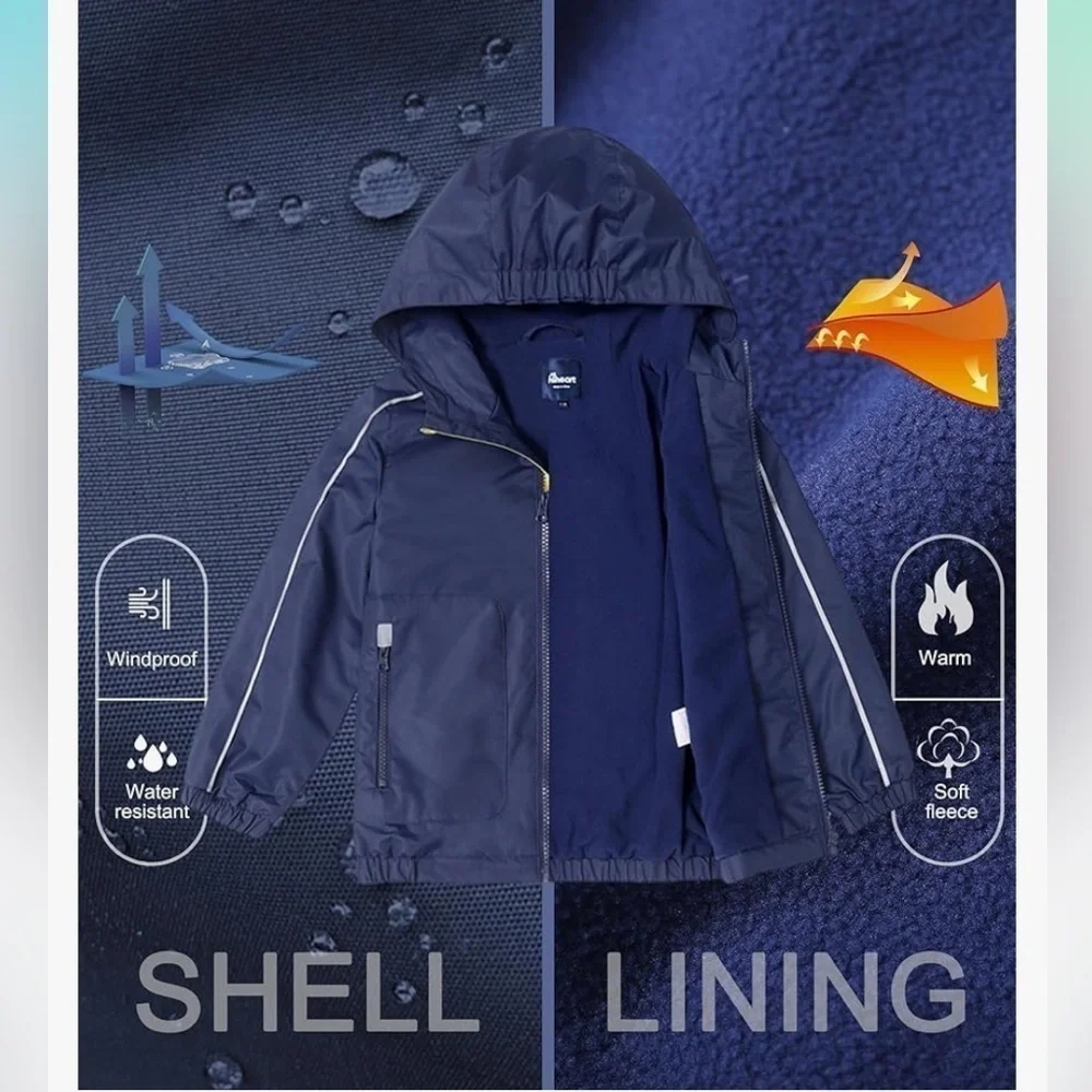NWT Boys Fleece Lined Jacket Hooded Outdoor Windbreaker